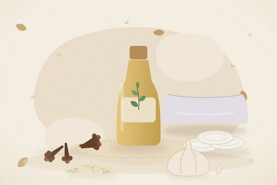 Illustrated still life with cloves, cotton pads, sesame seeds, garlic, a soft pillow.