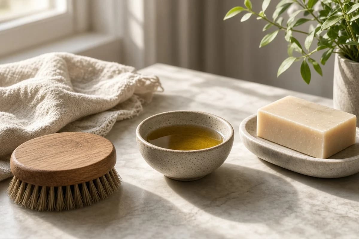 A round wooden dry brush, a small bowl of golden oil and a bar of natural soap.