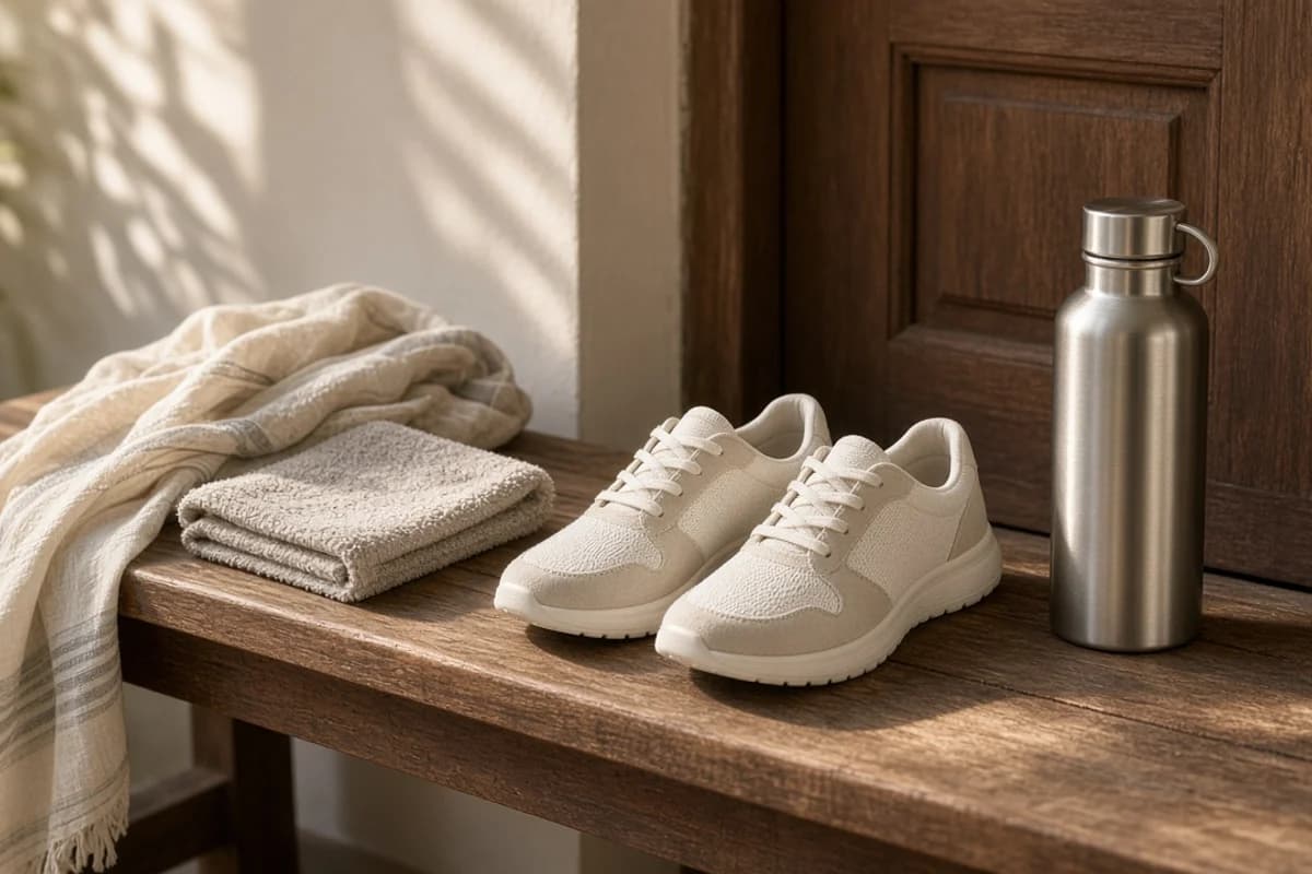 Flat walking shoes, a steel water bottle, a folded grey towel and a light cotton dupatta on a wooden bench.
