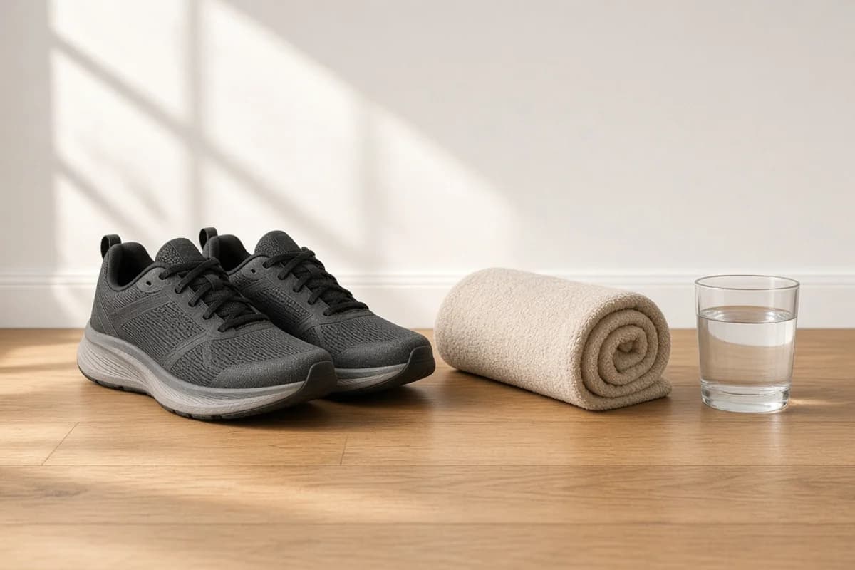 A pair of athletic shoes, a rolled towel and a glass of water on a wooden floor by a plain wall.