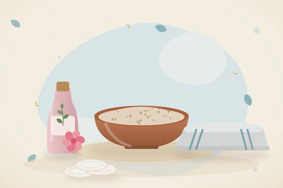 Illustrated still life with rose water, a folded cloth.