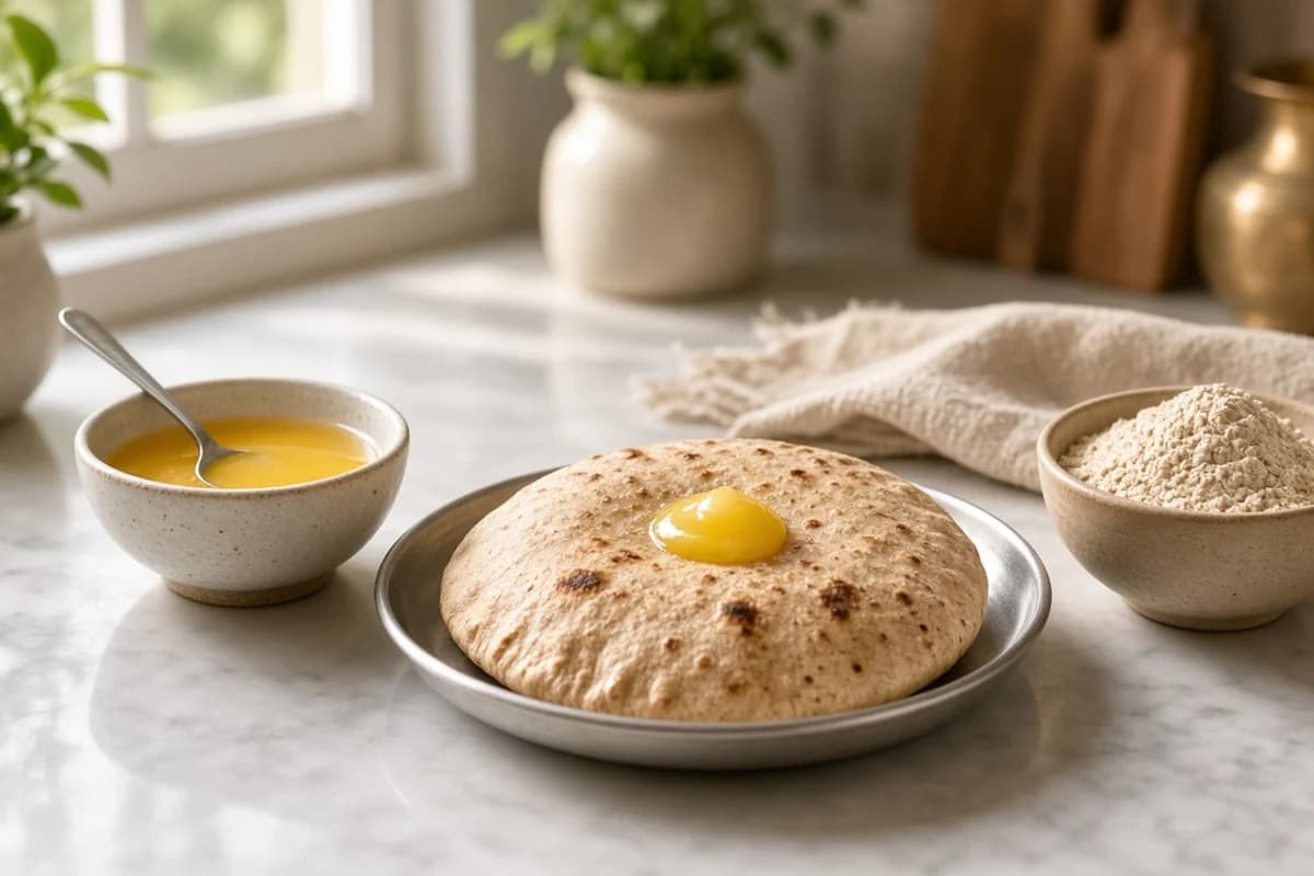 A toasted roti topped with ghee on a plate, beside a bowl of ghee and a bowl of flour.