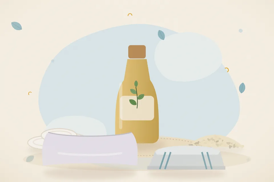 Illustrated still life with cotton pads, sesame seeds, a soft pillow.