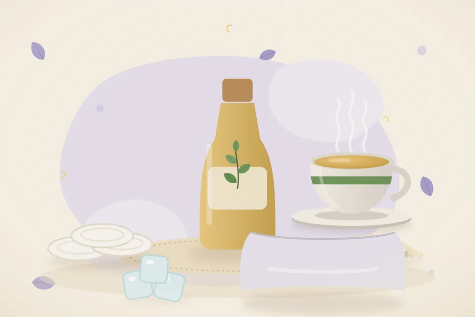 Illustrated still life with cotton pads, sesame seeds, ice, a soft pillow.