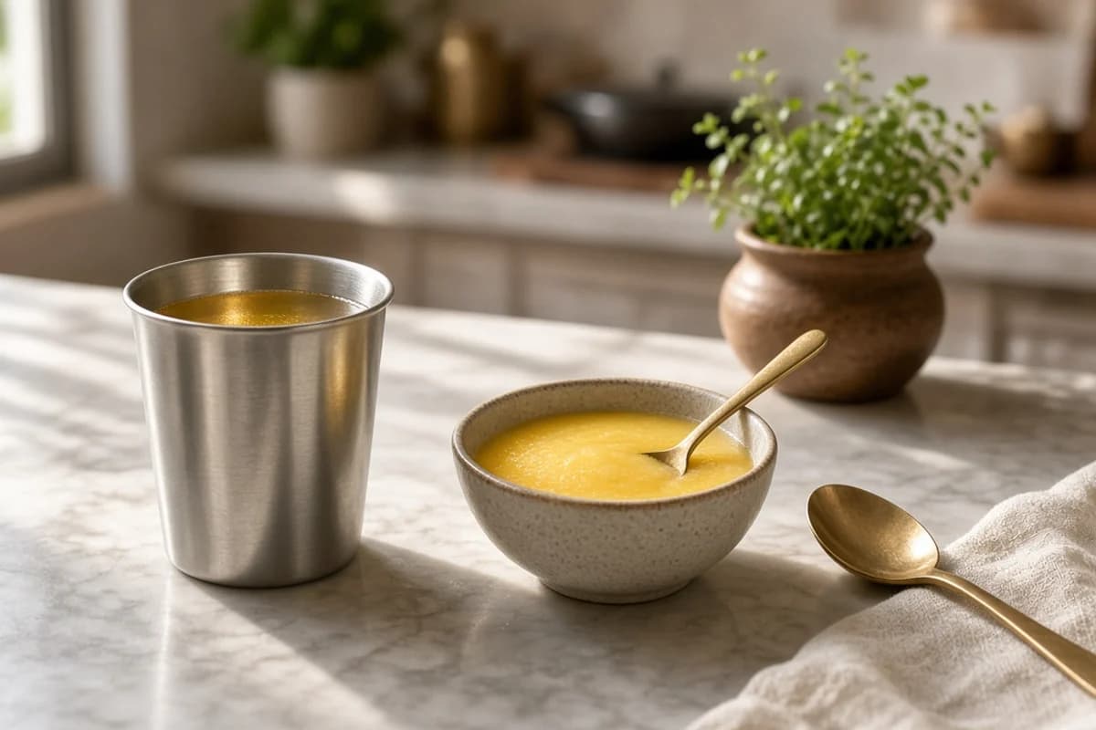 A steel tumbler of golden liquid and a ceramic bowl of ghee with a gold spoon on a marble counter.