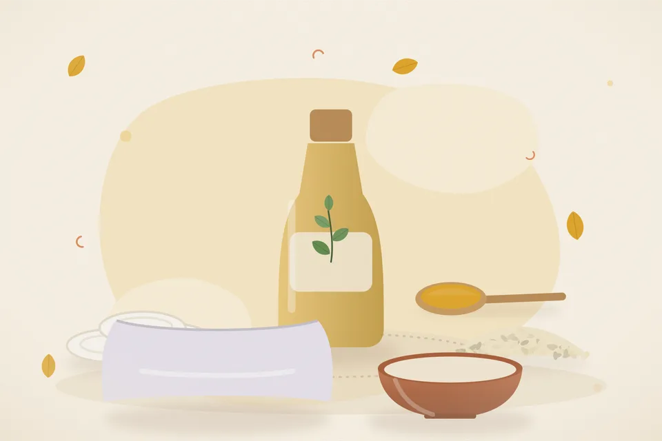 Illustrated still life with cotton pads, sesame seeds, a soft pillow.