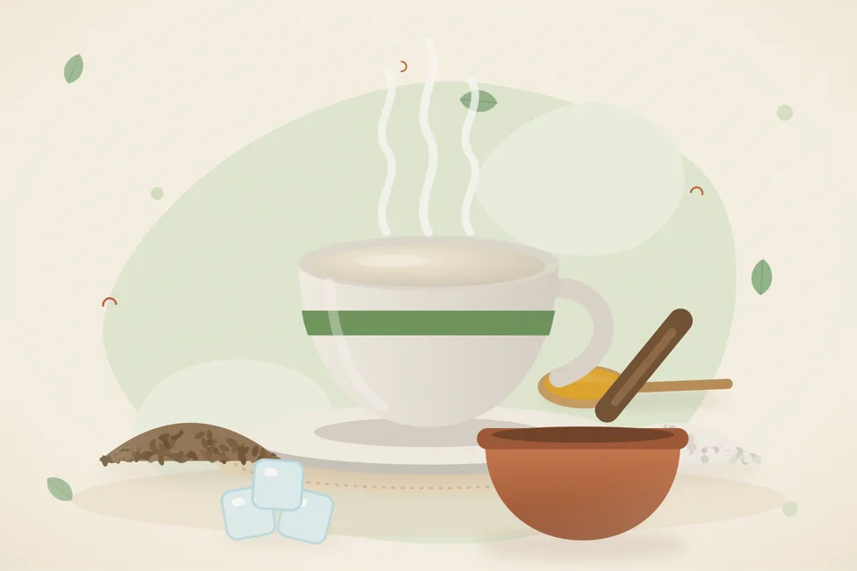 Illustrated still life with cumin seeds, rock salt, ice.