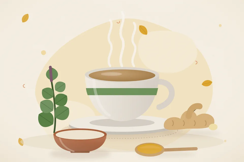 A small giloy stem, fresh tulsi leaves and ginger slices beside a steel cup of pale kadha on a wooden kitchen table in daylight.
