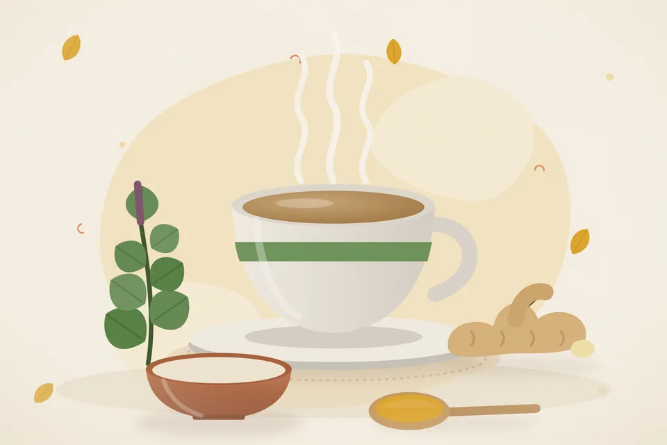 Illustrated still life with tulsi leaves, fresh ginger.