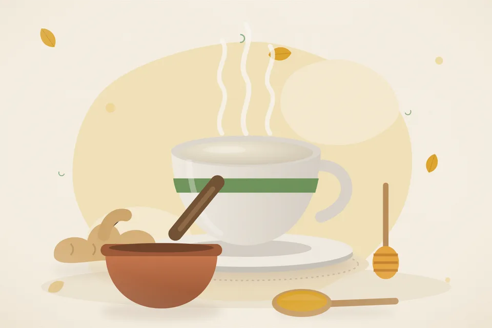 Illustrated still life with fresh ginger, honey.