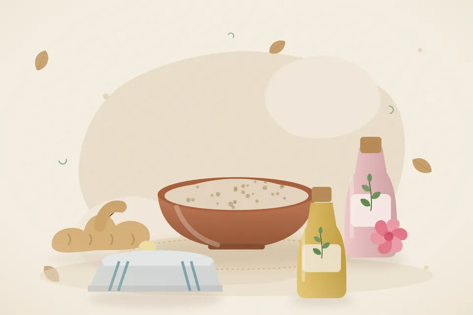 Illustrated still life with fresh ginger, rose water, a folded cloth.