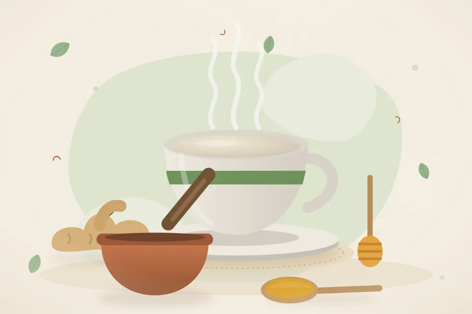 Illustrated still life with fresh ginger, honey.