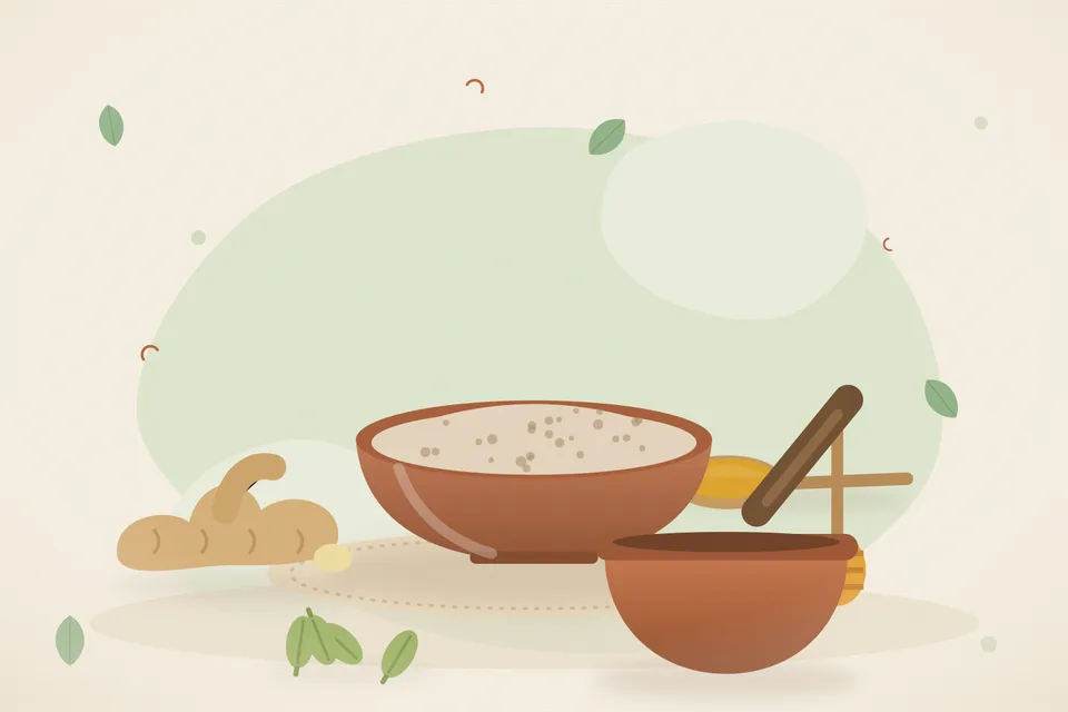 Illustrated still life with fresh ginger, honey, cardamom.