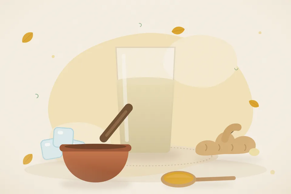 Illustrated still life with ice, fresh ginger.