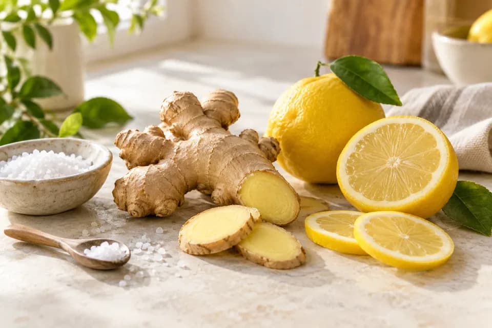 Fresh ginger slices, lemons and a small bowl of rock salt on a sunlit kitchen counter.