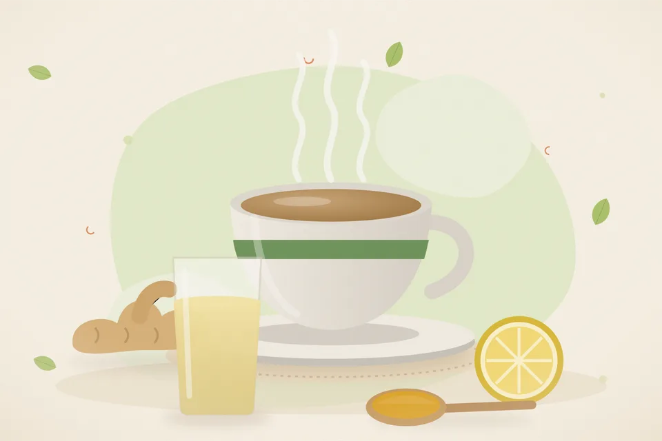 Illustrated still life with fresh ginger, lemon.