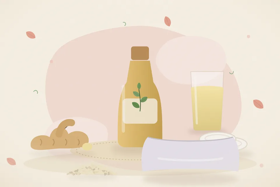 Illustrated still life with fresh ginger, cotton pads, sesame seeds, a soft pillow.