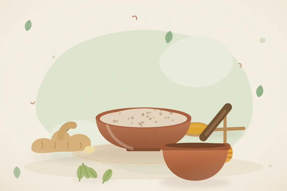 Illustrated still life with fresh ginger, honey, cardamom.