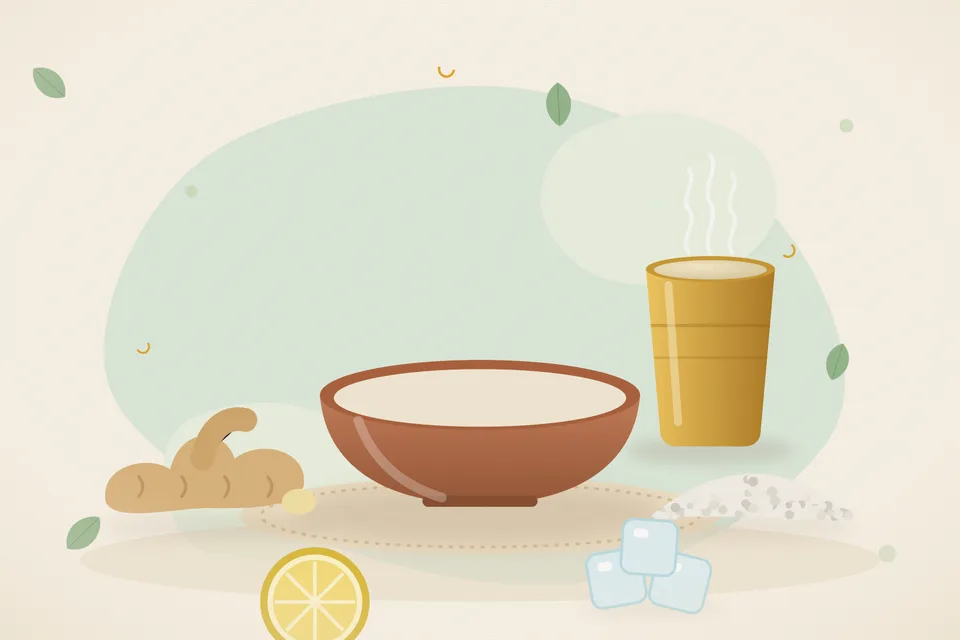 Illustrated still life with fresh ginger, rock salt, lemon, ice.
