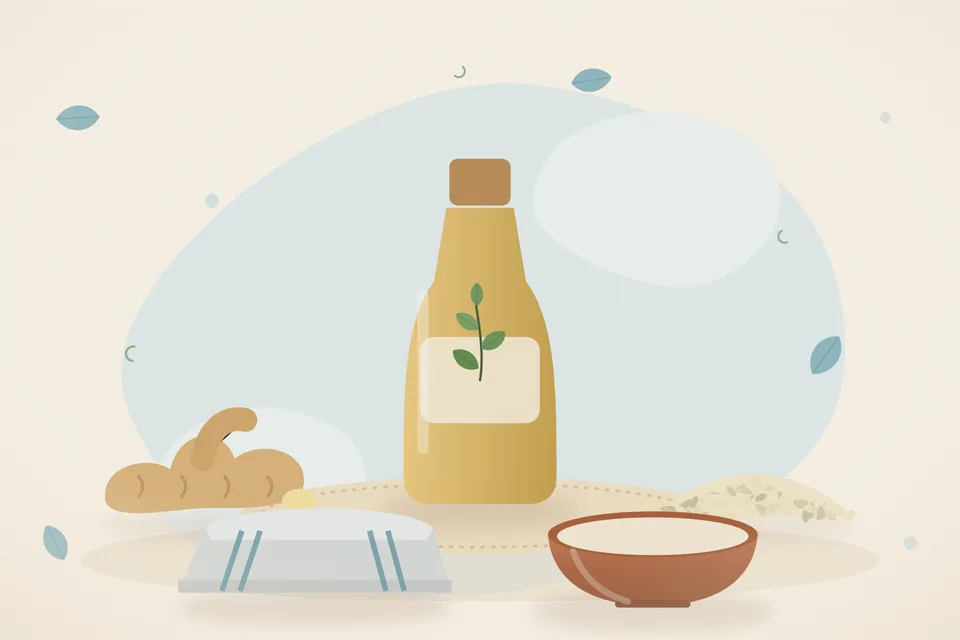 Illustrated still life with fresh ginger, sesame seeds.