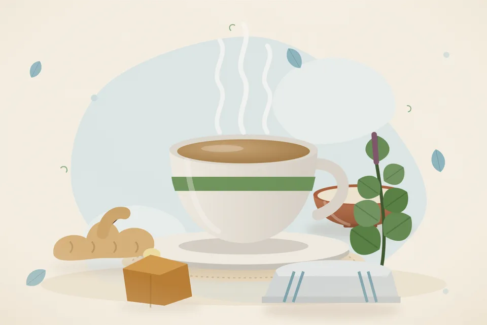 Illustrated still life with fresh ginger, tulsi leaves, jaggery.