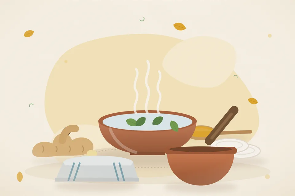 Illustrated still life with fresh ginger, cotton pads, a folded cloth.