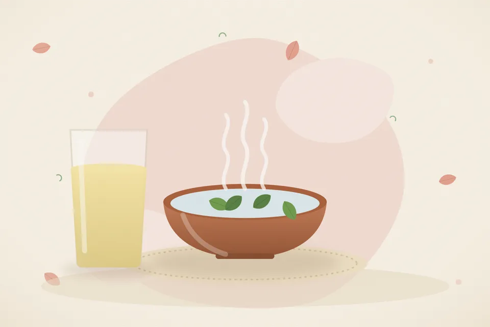 Illustrated Ayurvedic kitchen still life with a bowl, glass and traditional utensils.