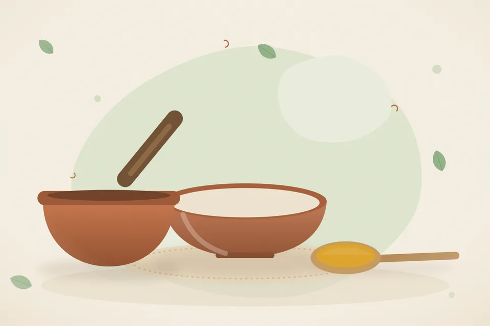 Illustrated Ayurvedic kitchen still life with a bowl, glass and traditional utensils.