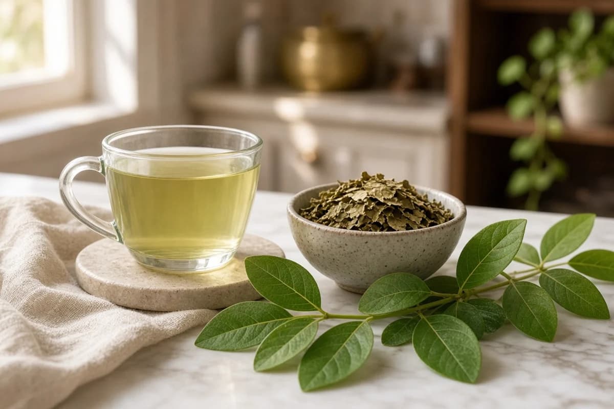 A clear glass cup of pale green-yellow gudmar tea beside a bowl of dried leaves and a fresh sprig.