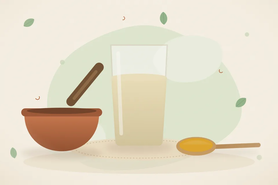 Illustrated Ayurvedic kitchen still life with a bowl, glass and traditional utensils.