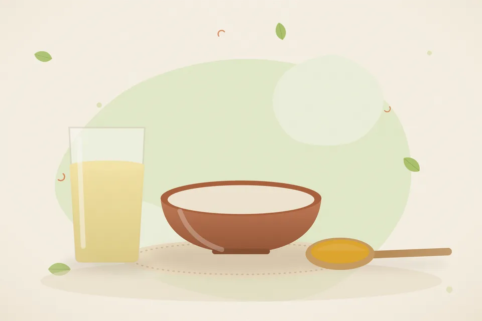 Illustrated Ayurvedic kitchen still life with a bowl, glass and traditional utensils.