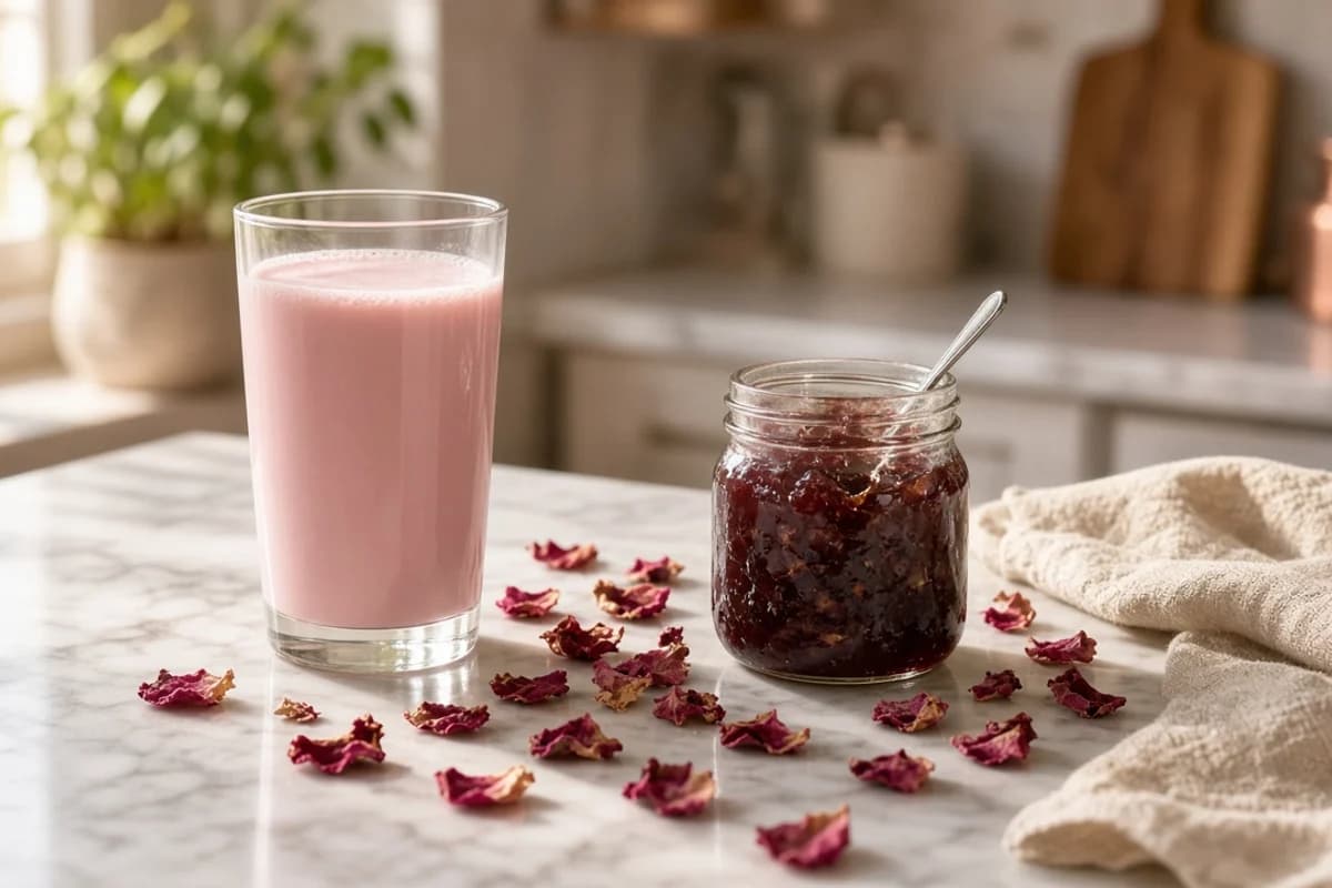 A glass of pale pink milk beside a jar of gulkand with a spoon and scattered dried rose petals.