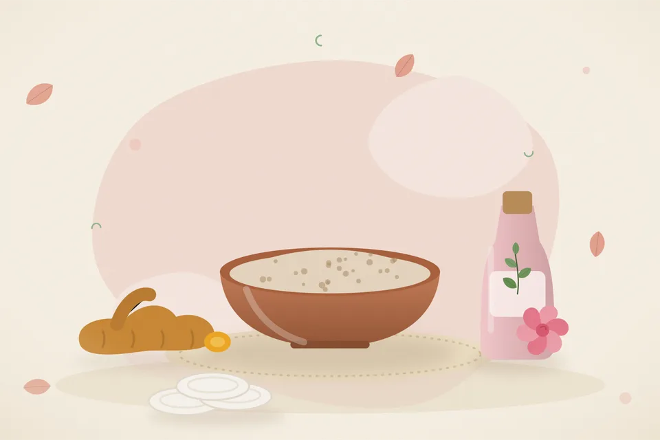 Illustrated still life with turmeric root, rose water.