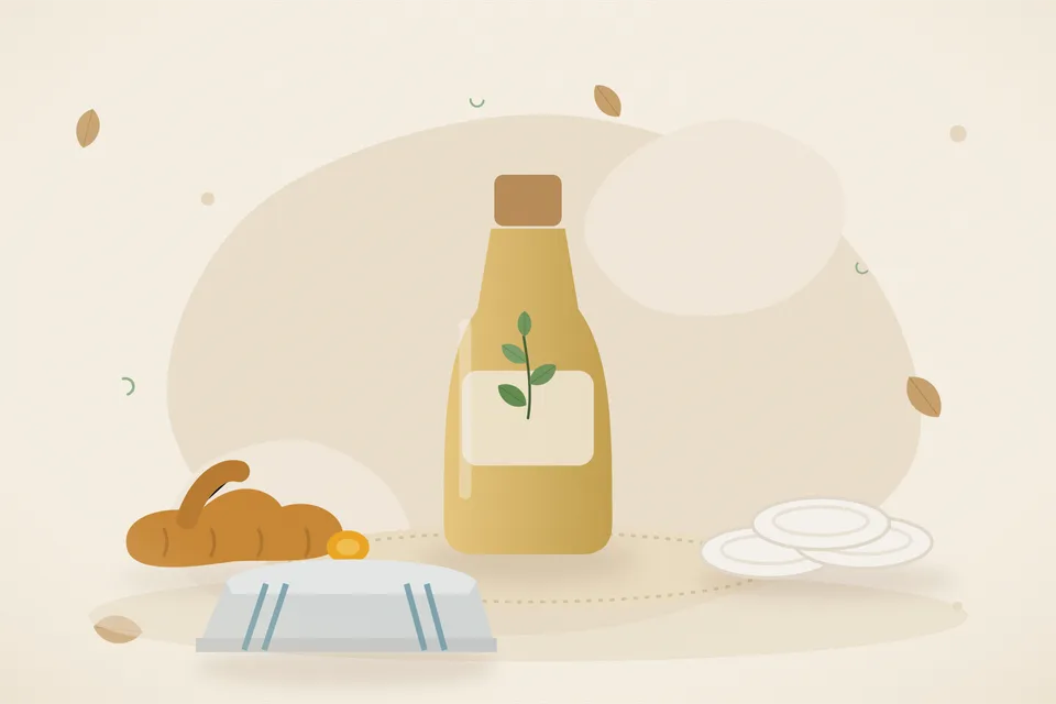 Illustrated still life with turmeric root, cotton pads, a folded cloth.