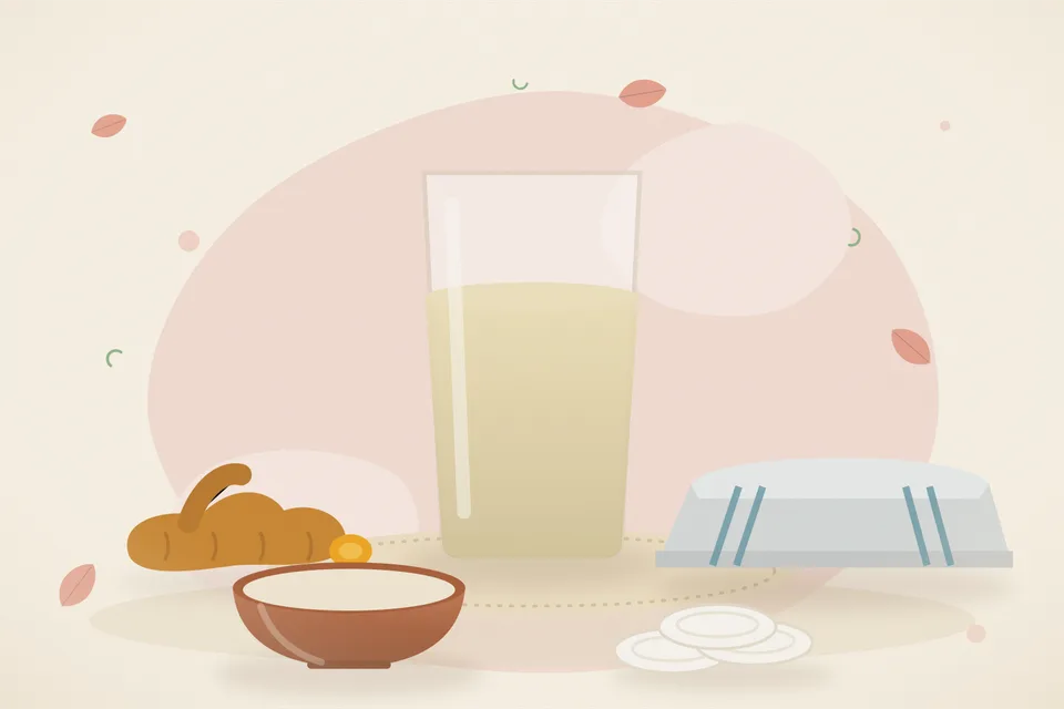 Illustrated still life with turmeric root, a folded cloth.