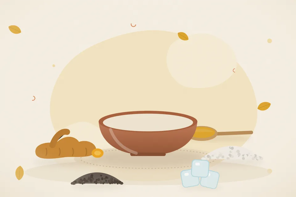 Illustrated still life with turmeric root, mishri crystals, black pepper, ice.