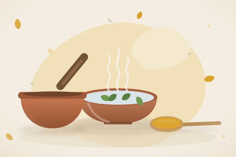 Illustrated Ayurvedic kitchen still life with a bowl, glass and traditional utensils.