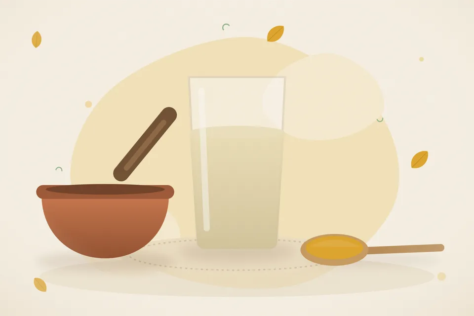Illustrated Ayurvedic kitchen still life with a bowl, glass and traditional utensils.