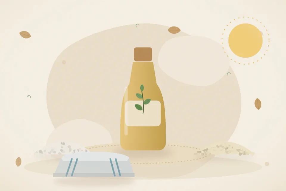 Illustrated still life with rock salt, sesame seeds.