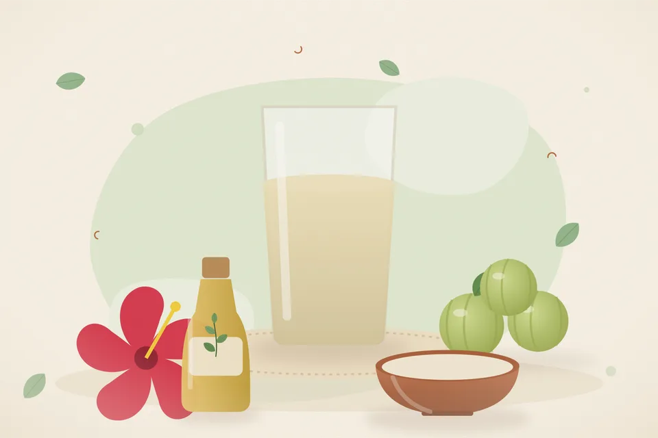 Illustrated still life with hibiscus, amla.