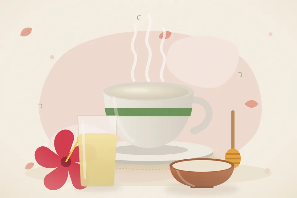 Illustrated still life with hibiscus, honey.