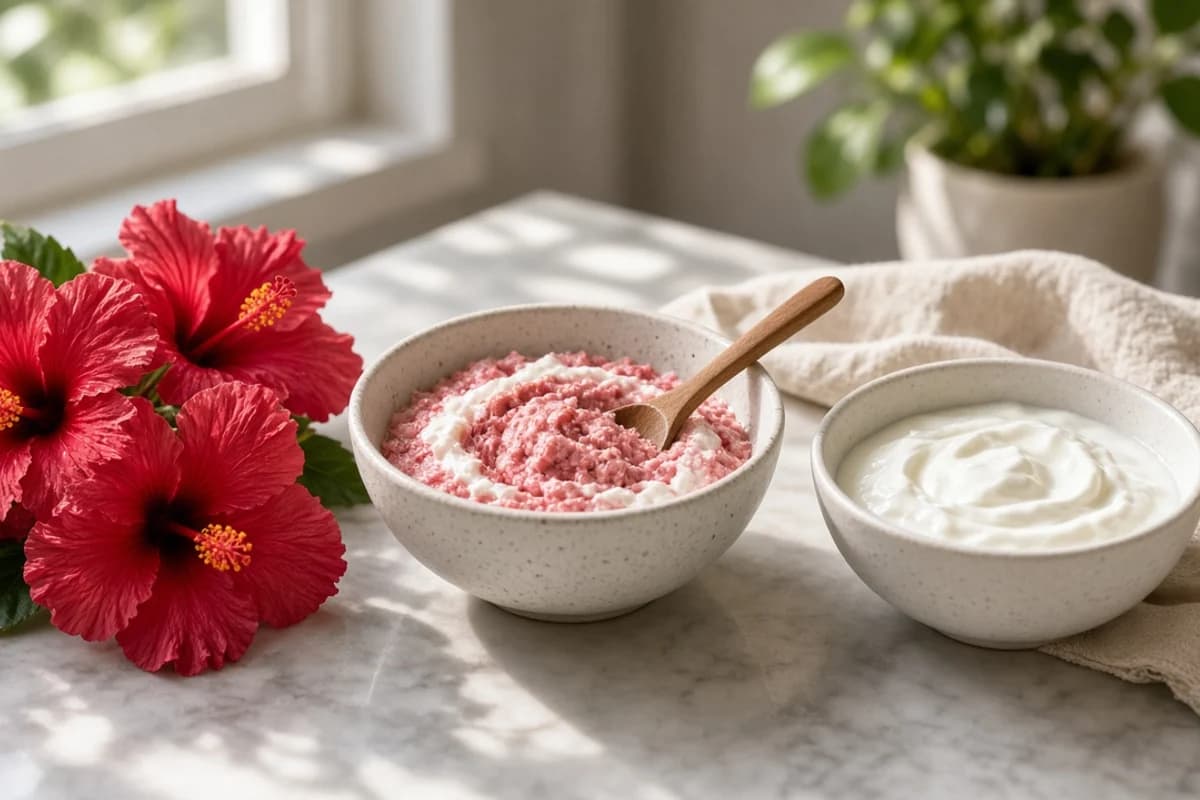 Red hibiscus flowers beside a bowl of pink mixture with a wooden spoon and a bowl of white curd.