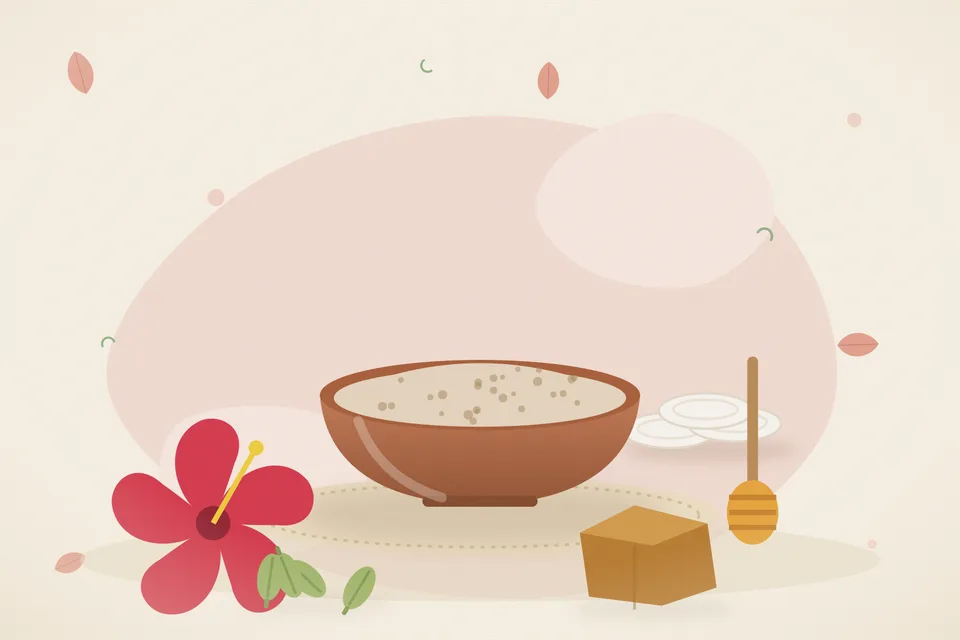 Illustrated still life with hibiscus, honey, cardamom, jaggery.
