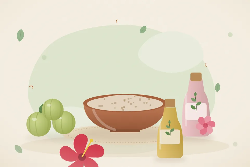 Illustrated still life with amla, rose water, hibiscus.
