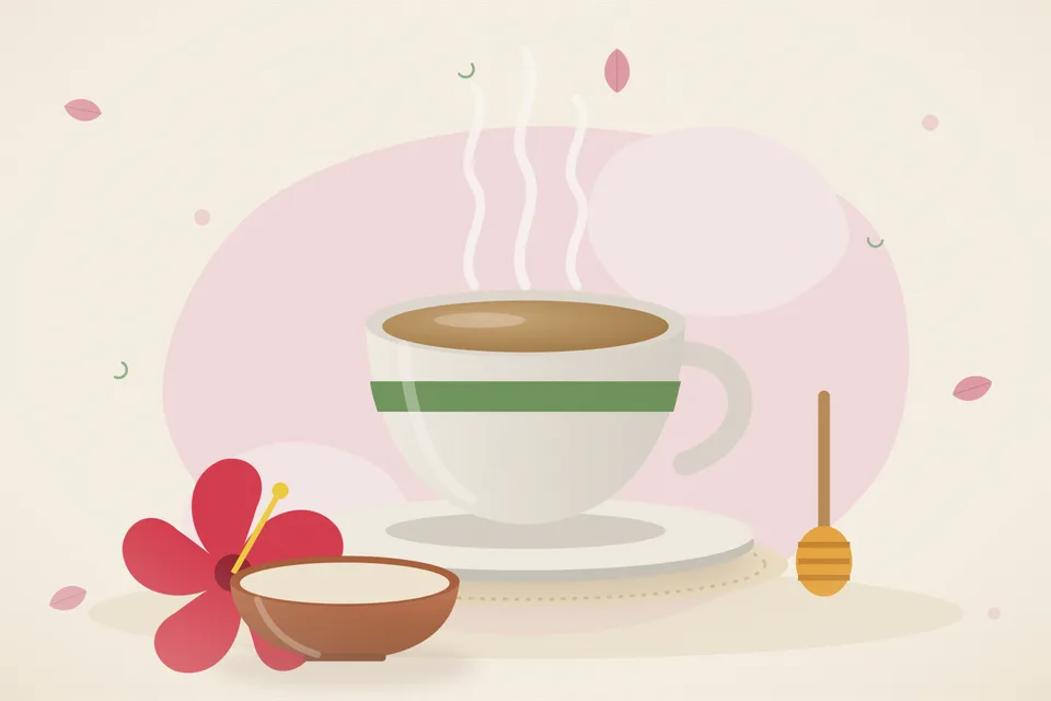 Illustrated still life with hibiscus, honey.