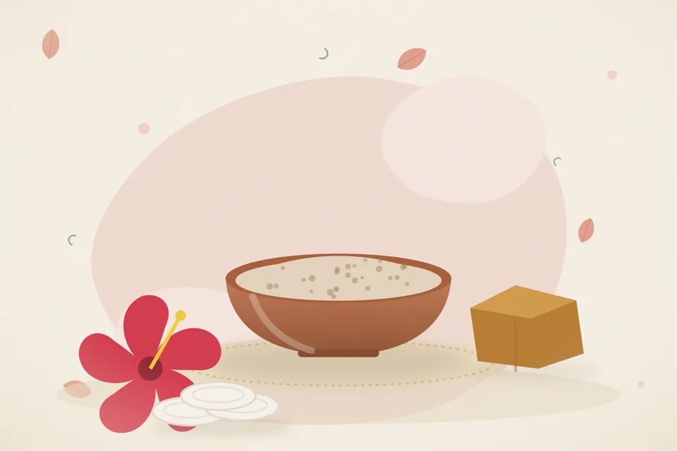 Illustrated still life with hibiscus, jaggery.