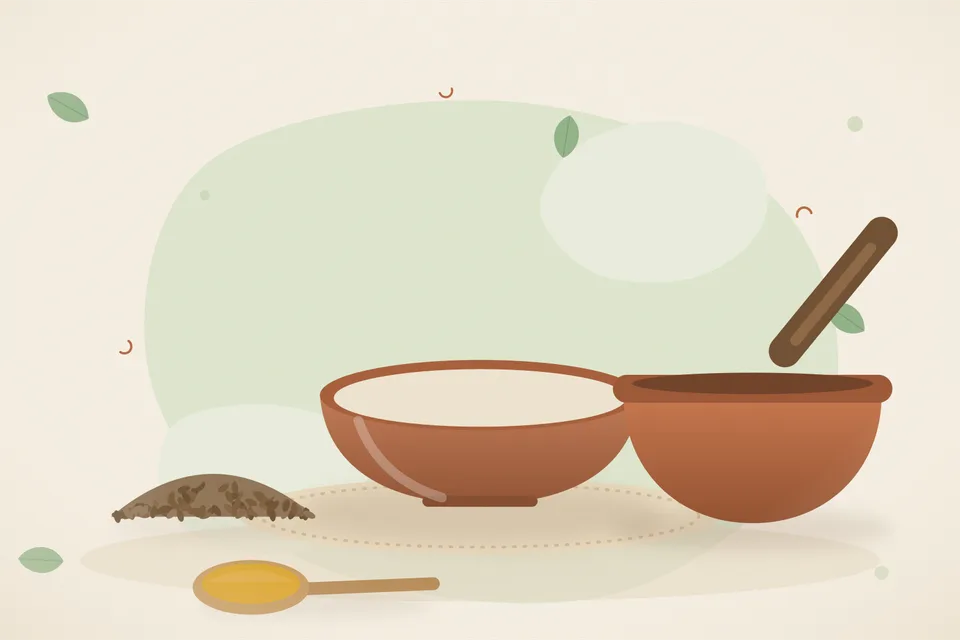 A tiny pinch of hing beside cumin seeds and a spoon of warm ghee in a small steel ladle, kitchen still life.