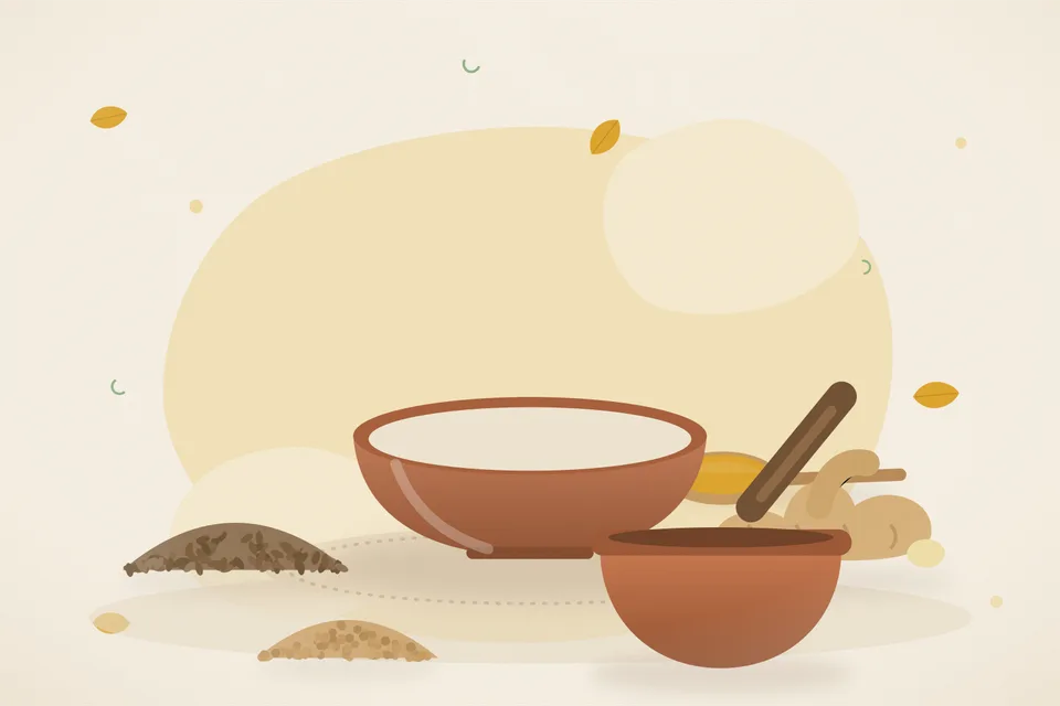 Illustrated still life with cumin seeds, fresh ginger, chickpeas.