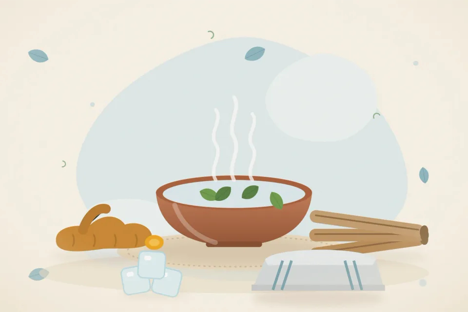 Illustrated still life with turmeric root, mulethi root, ice.