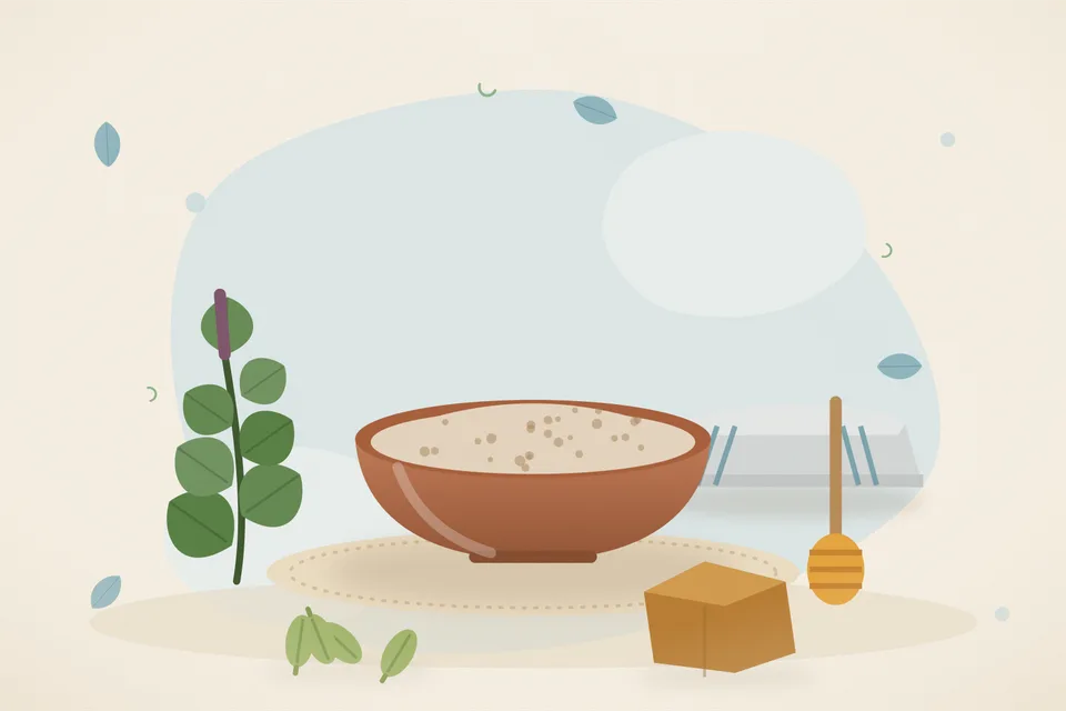 Illustrated still life with tulsi leaves, honey, cardamom, jaggery.